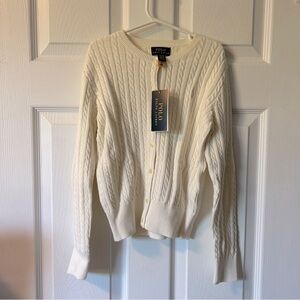 Warm White Ralph Lauren Mini-Cable Cotton Cardigan
